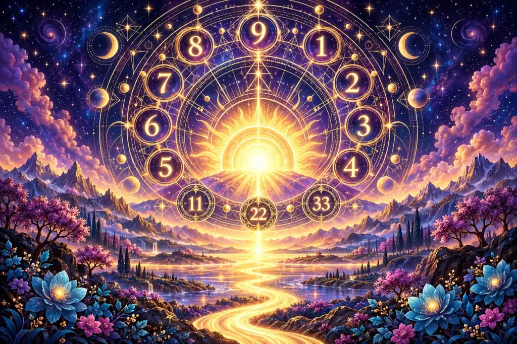 Sol dorado y rueda numerológica con los números del 1 al 9, 11, 22 y 33 sobre un paisaje violeta.